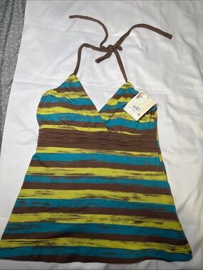 SO Kids Striped Halter Tankini Top - Brown, Teal & Lime